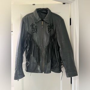Vintage leather fringe zip up jacket with rose details